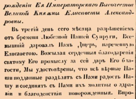 О рождении Ея Императорскаго Высочества Великой Княжны Елисаветы Александровны.