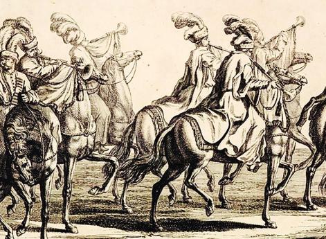 Трубачи и литаврщики в польском уборе на торжественной «карусели», посвященной совершеннолетию Карла XI в 1672 г.