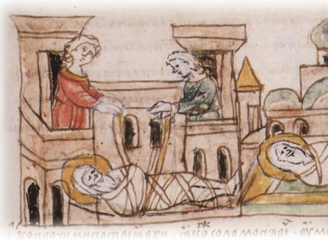 Тайное погребение Владимира Святославича, умершего в Берестове: спуск его тела на землю на ковре между разобранными клетьми здания; положение тела Владимира в мраморный гроб в церкви Святой Богородицы.