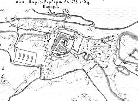 Полевые и временные укрепления. Изобр.1. План оборонительных работ, проектированных и произведенных при Мариенвердере в 1758 году