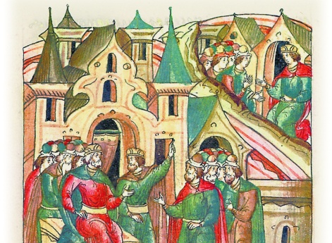 Великий князь Изяслав Мстиславич со Святославом Всеволодовичем размышляют, идти ли ратью на князя Святослава Олеговича.