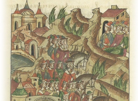 Князья Борис Василькович Ростовский с княгиней и детьми, его брат Глеб Василькович Белозерский с сыном Михаилом, и Федор Ярославский идут в Орду.