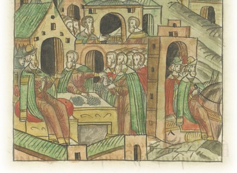 Великий князь Иван Васильевич идет ратью на Великий Новгород. После этого великий князь совершает молебны и рассылает милостыню.