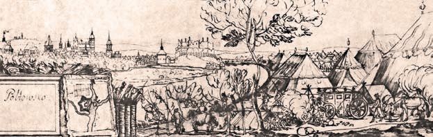 Шведский обоз и лагерь под Пултуском в Польше, 1657 г. Рисунок Э. Дальберга