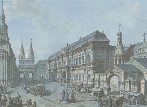 Здание Московского Университета у Воскресенских ворот на Красной площади. Гравюра начала XIX века.