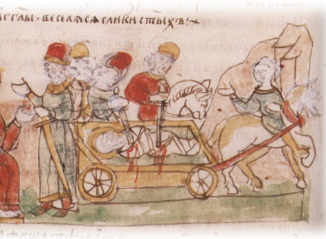 Перевозка на телеге раненого Бориса Владимировича и убийство его по приказу Святополка Владимировича.