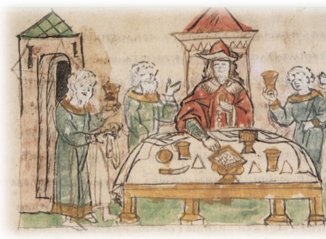 Совместный обед Изяслава Ярославича Киевского, Святослава Ярославича Черниговского и Всеволода Ярославича Переяславского со своими боярами после праздничной литургии. (В миниатюре дан собирательный образ одного князя — Изяслава.)