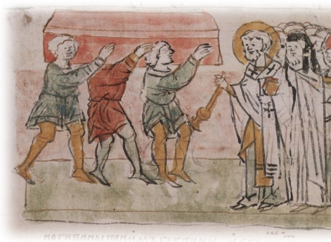 Перенесение гроба с телом Ярополка Изяславича Волынского в Киев; встреча гроба Всеволодом Ярославичем Киевским, духовенством и жителями города.