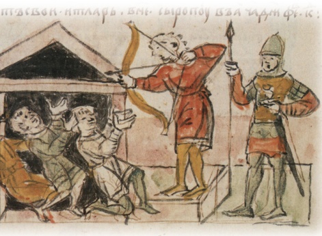 Гибель половецкого хана Итларя и его дружины, запертых в избе, от стрел, пущенных из лука Ольбегом Ратиборичем через отверстие в кровле