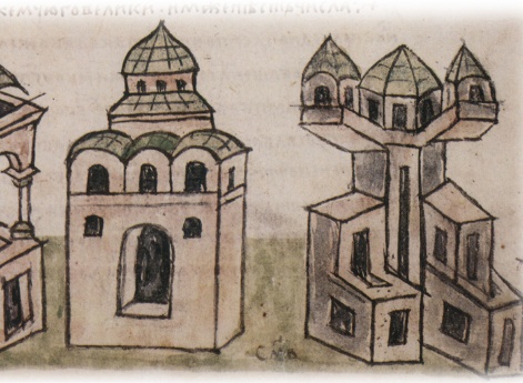 Условное изображение города Владимира (справа), Успенского собора в архитектурных формах времени Андрея Боголюского (!) и великокняжеского терема (слева), пострадавших от пожара.