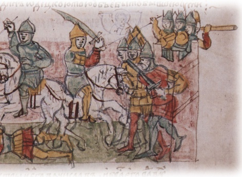 Единоборство Андрея Юрьевича Вышгородского с иноземным воином; смерть одного из младших дружинников, бывших при Андрее в гуще боя.