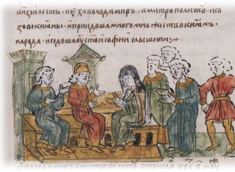 Совет Владимира Мстиславича Городецкого с митрополитом Климентом и жителями города Киева об измене черниговских князей.