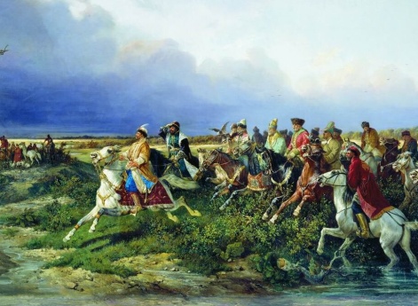 Царь Алексей Михайлович с боярами на соколиной охоте близ Москвы.